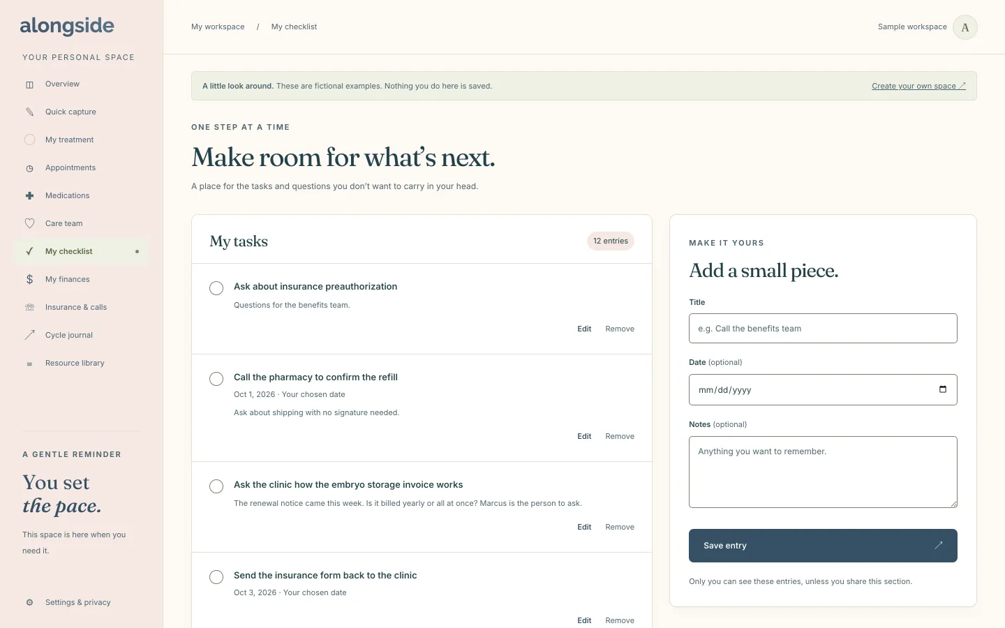 The My checklist view of an Alongside sample workspace, showing a short list of tasks with dates and a form to add a new task.