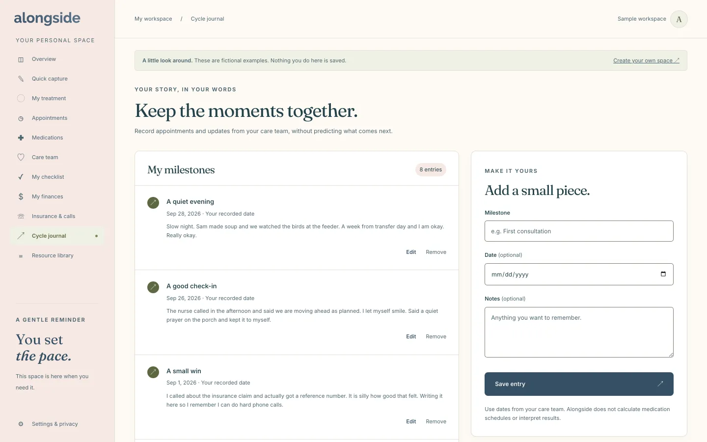 The Cycle journal view of an Alongside sample workspace, showing dated milestones with notes and a form to add a new one.