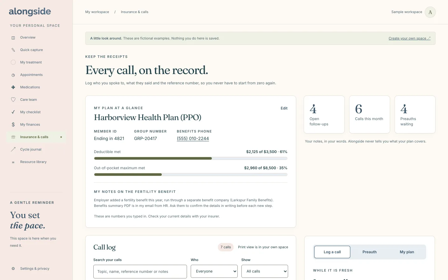 The Insurance and calls view of an Alongside sample workspace, showing a plan summary, a call log with reference numbers and preauthorizations.