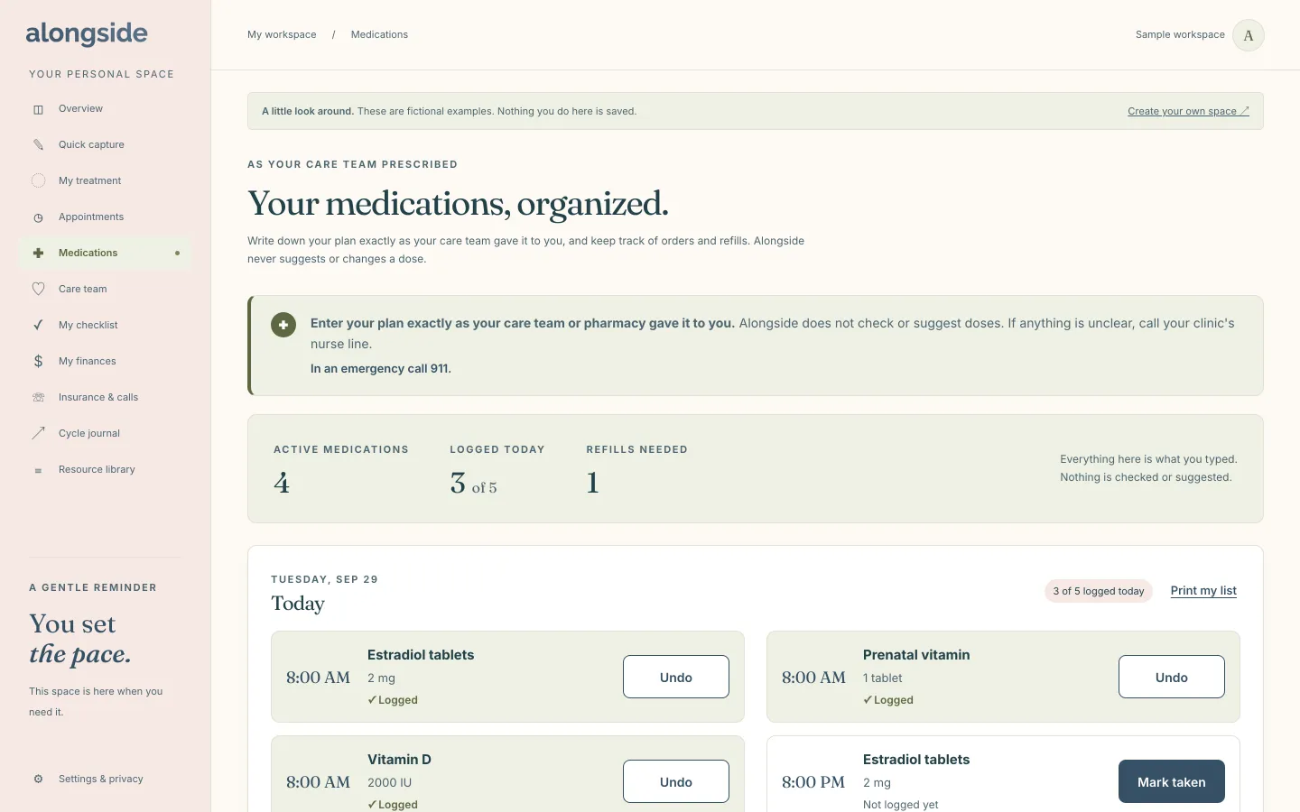 The Medications view of an Alongside sample workspace, listing active medications with times for today, a seven-day log and pharmacy orders.