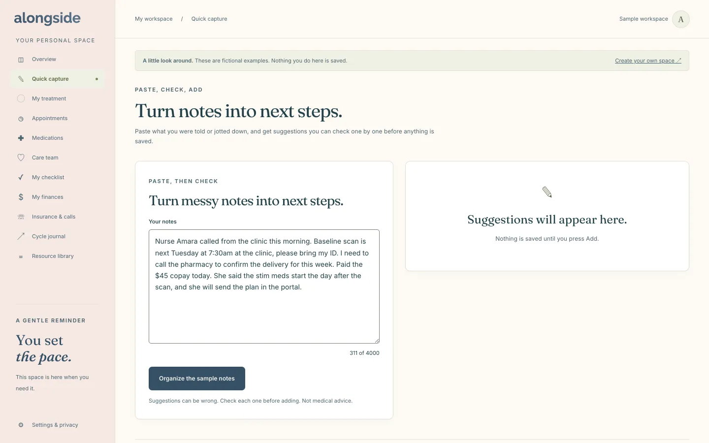 The Quick capture view of an Alongside sample workspace, with a box to paste clinic notes and suggested appointments, tasks and costs to check before adding.