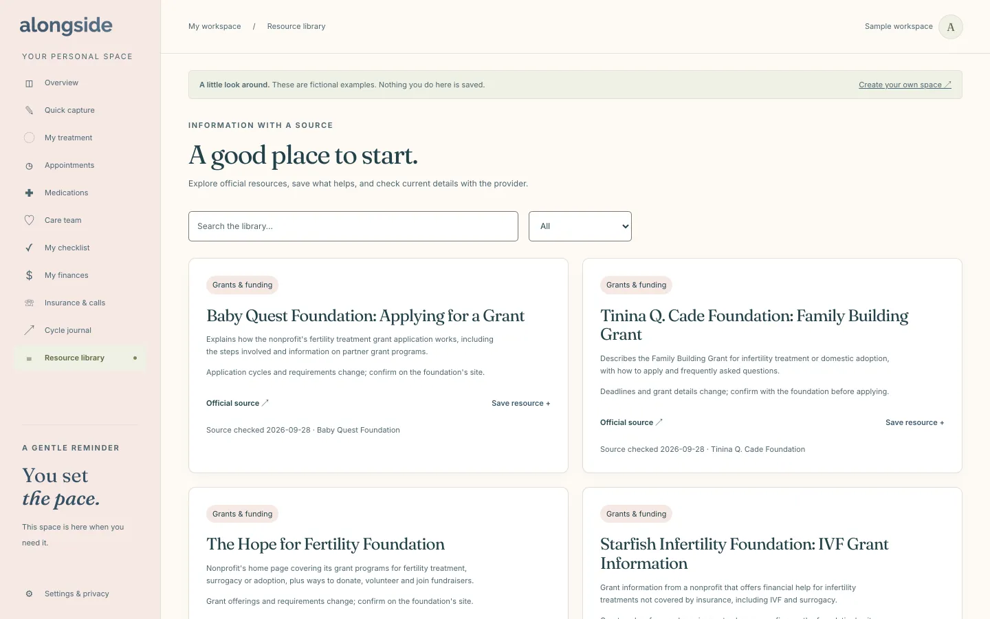 The Resource library view of an Alongside sample workspace, with a search box, a category filter and official resources that can be saved.