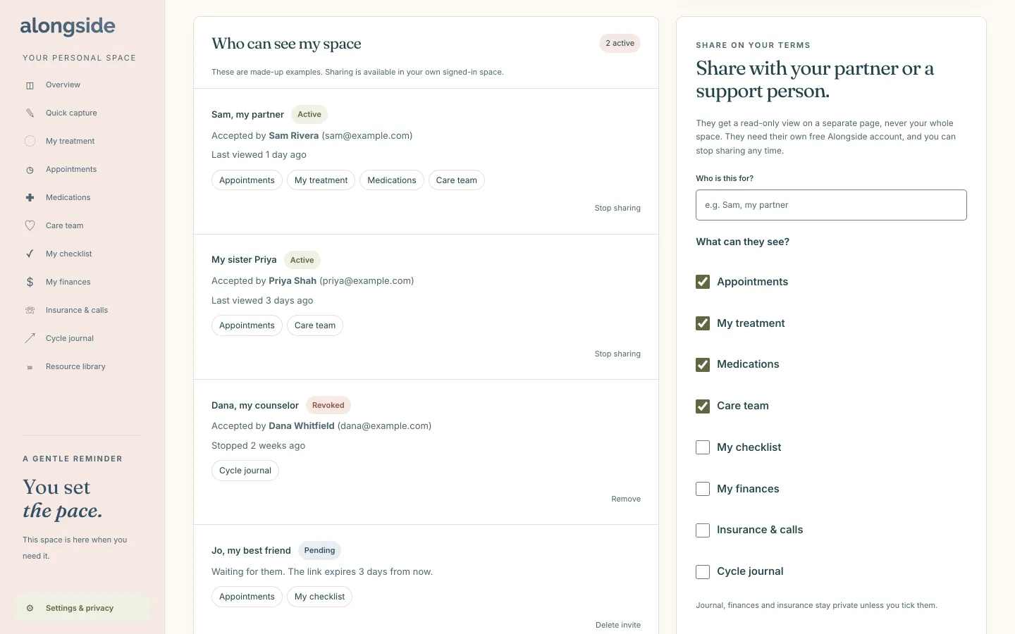 The sharing settings of an Alongside sample workspace, showing who can see the space and the sections a partner can be invited to view.