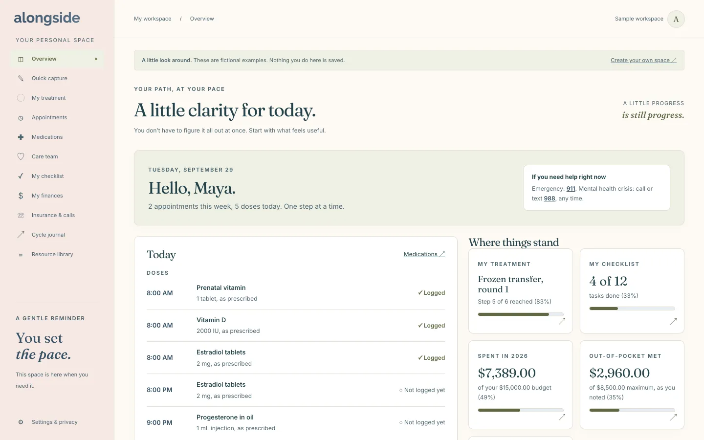 The Today view of an Alongside sample workspace, showing doses for the day, what is on the calendar and what is coming up in the next two weeks.